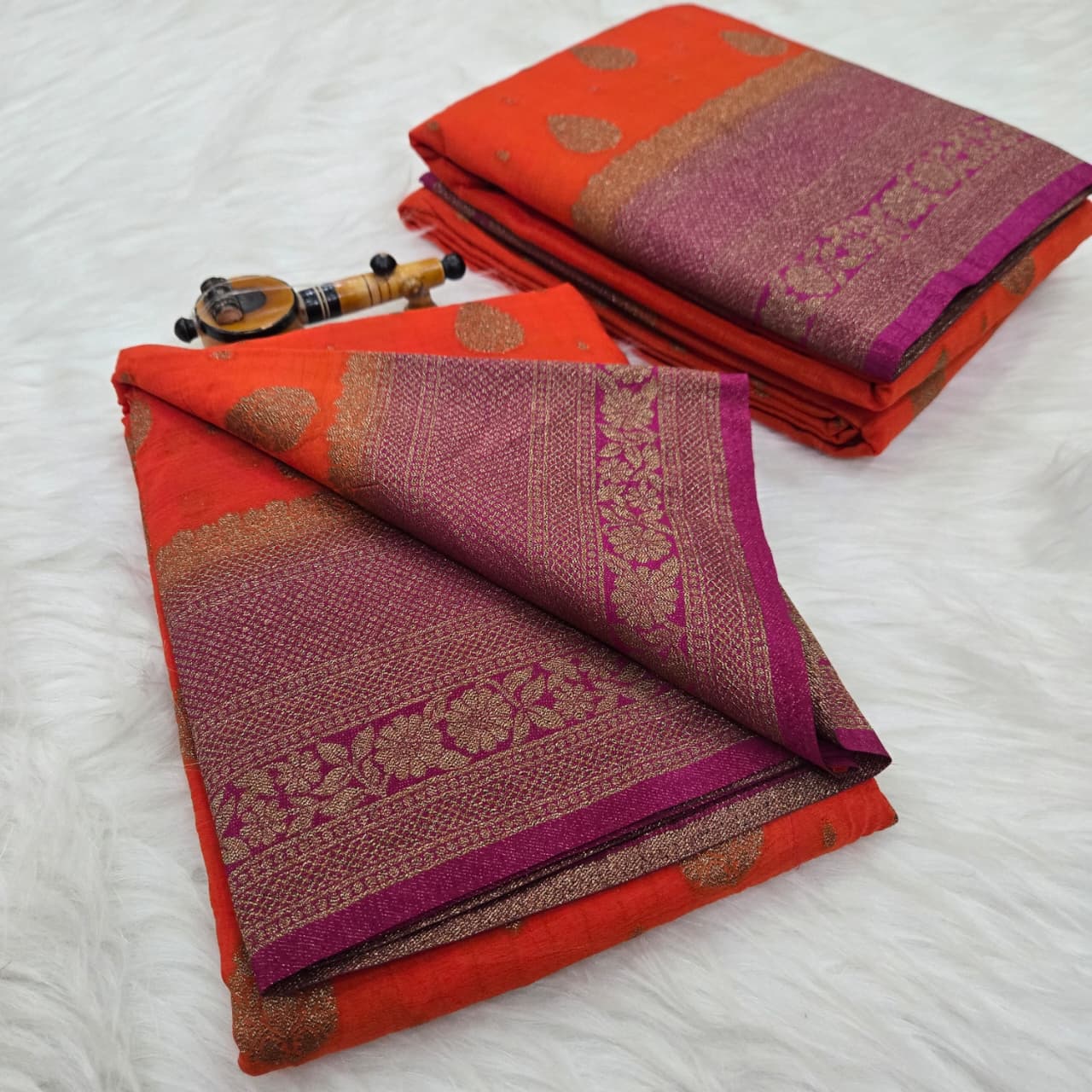 Bright Orange Semi Mysore Crepe Silk Saree with Golden Zari
